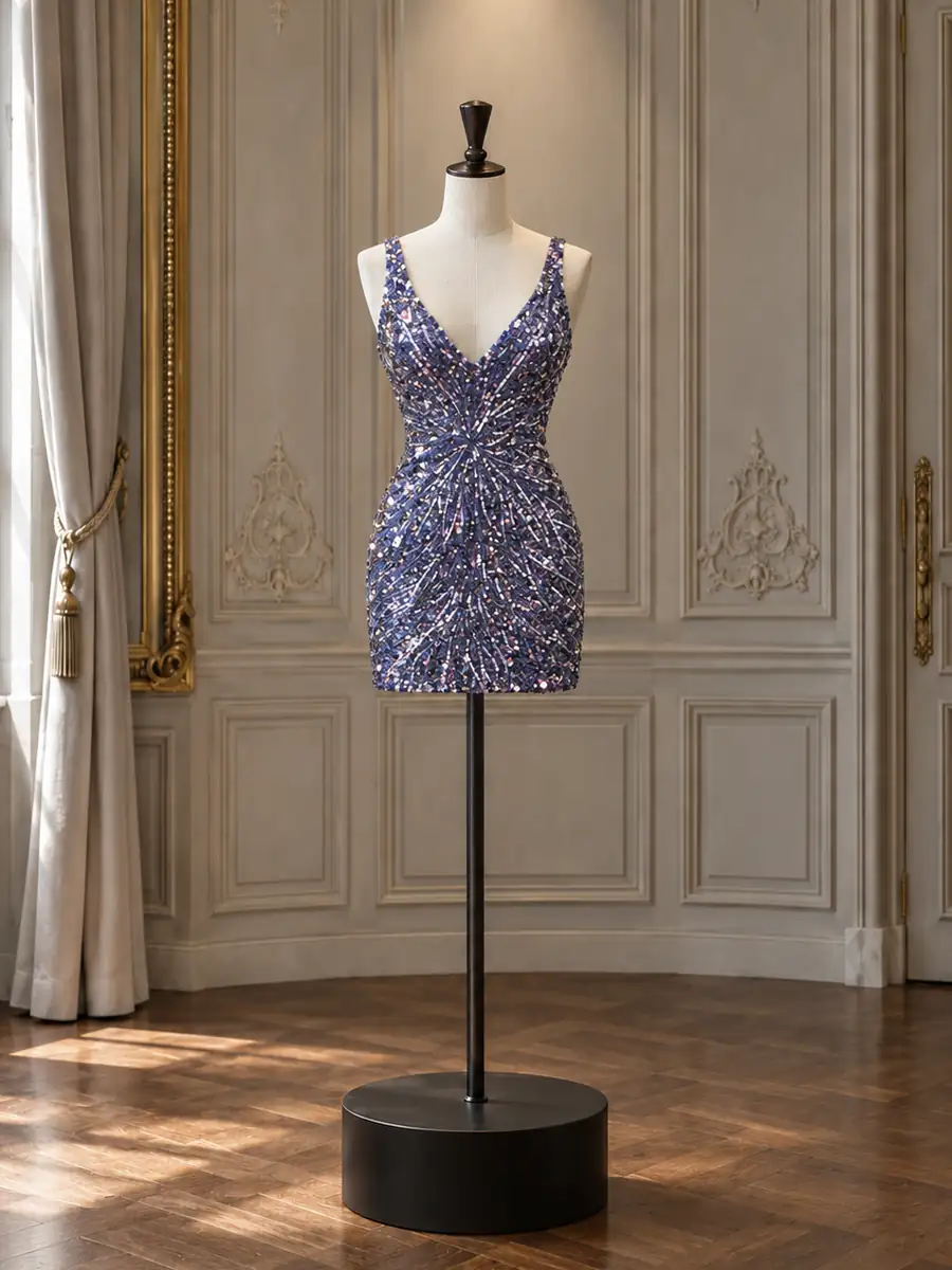 Violet sequinned V-neck mini, on a mannequin