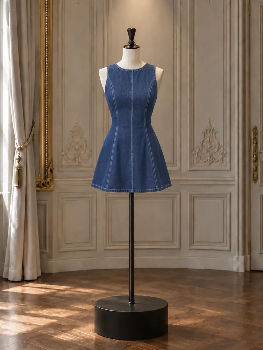 Denim sleeveless mini with seamed panels, on a mannequin