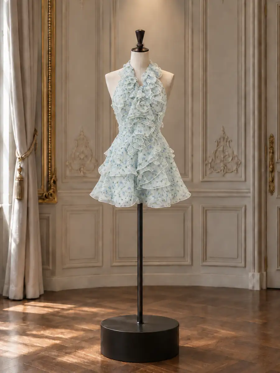 Pale blue floral organza ruffled halter mini, on a mannequin