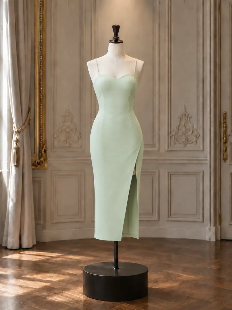 Sage strapless column gown with a thigh slit, on a mannequin