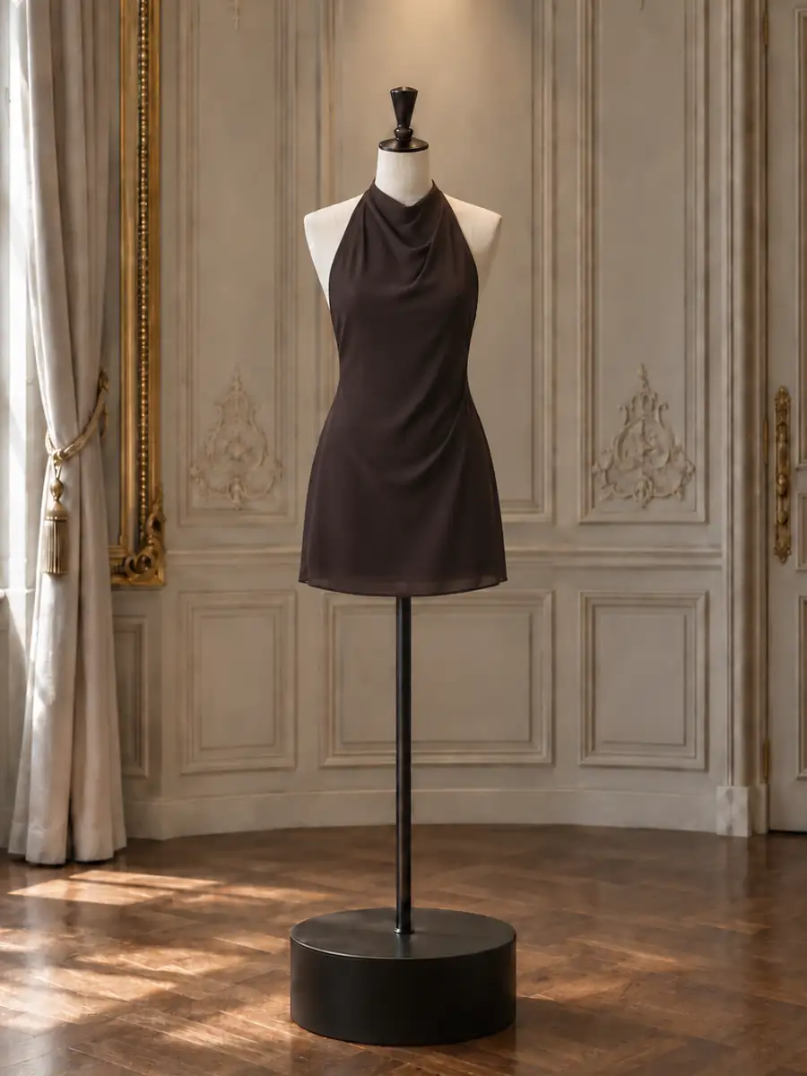Chocolate cowl-neck halter mini, on a mannequin
