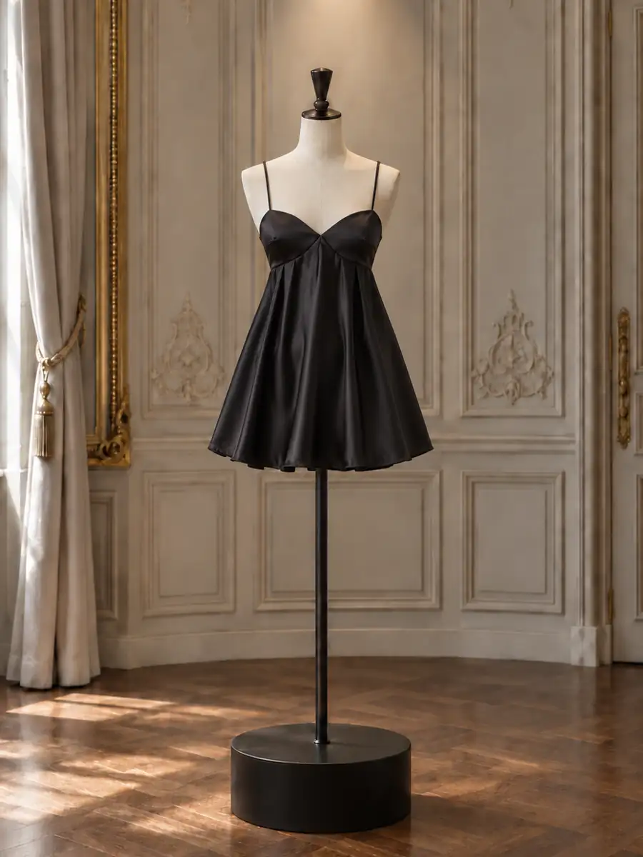 Black satin bustier babydoll mini, on a mannequin