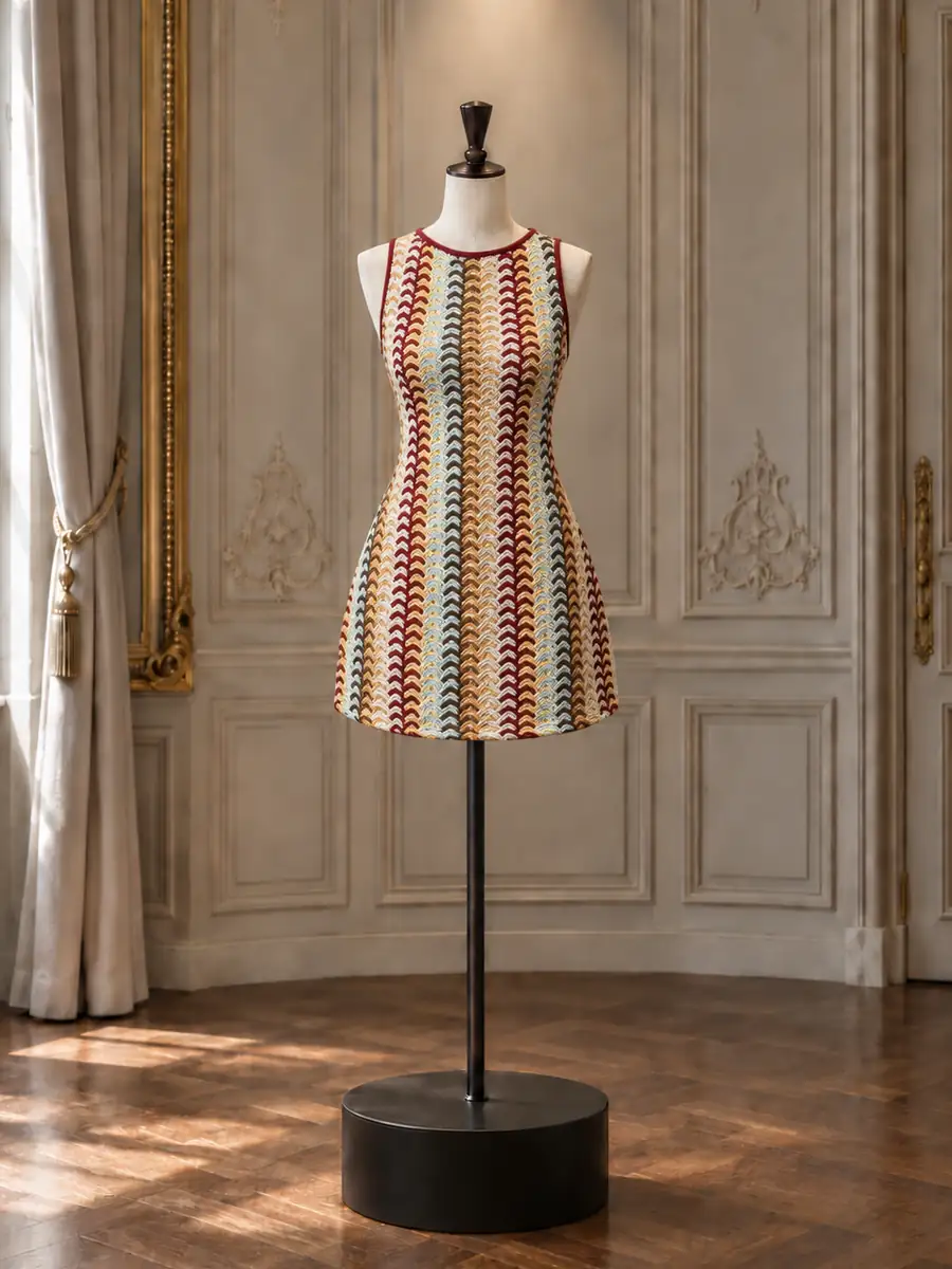 Cream, red and navy chevron knit mini, on a mannequin