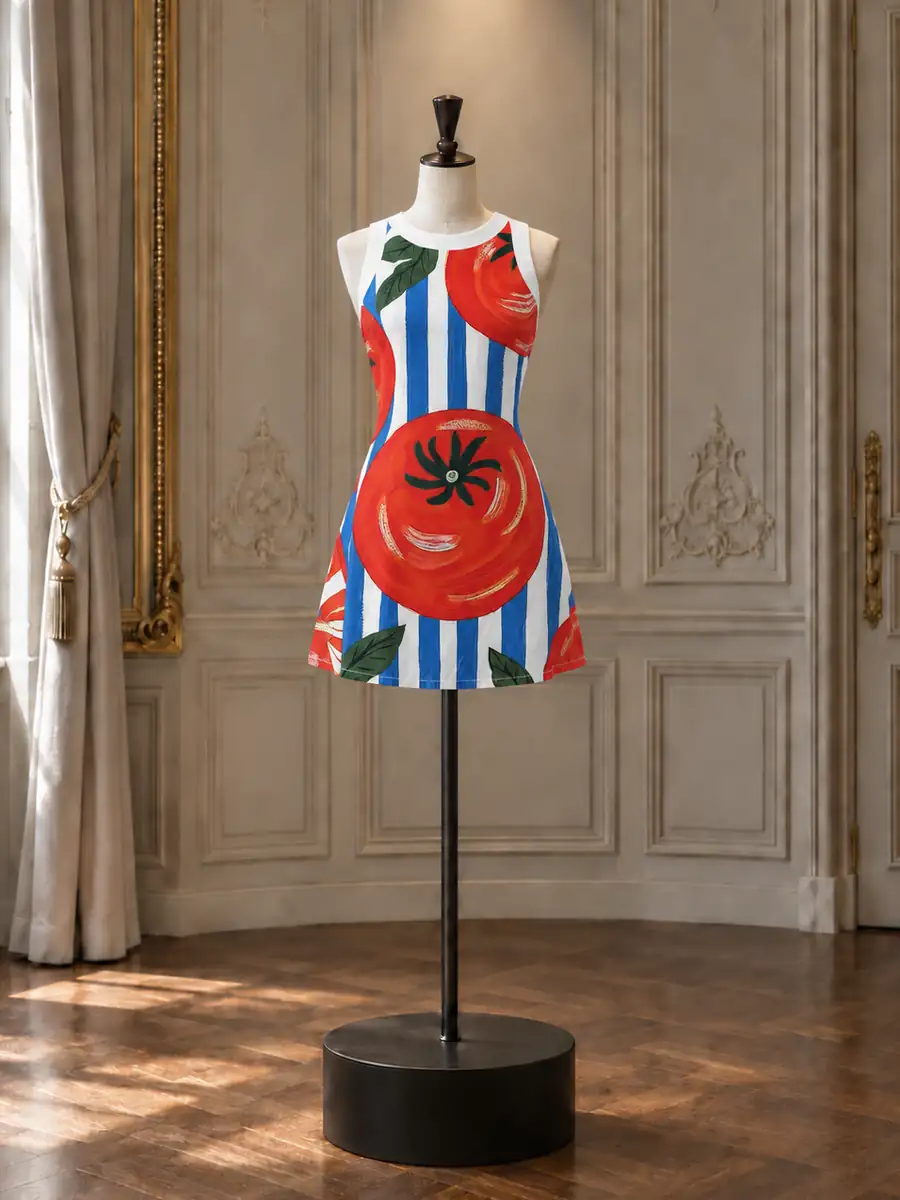 Blue striped mini with an oversized tomato print, on a mannequin