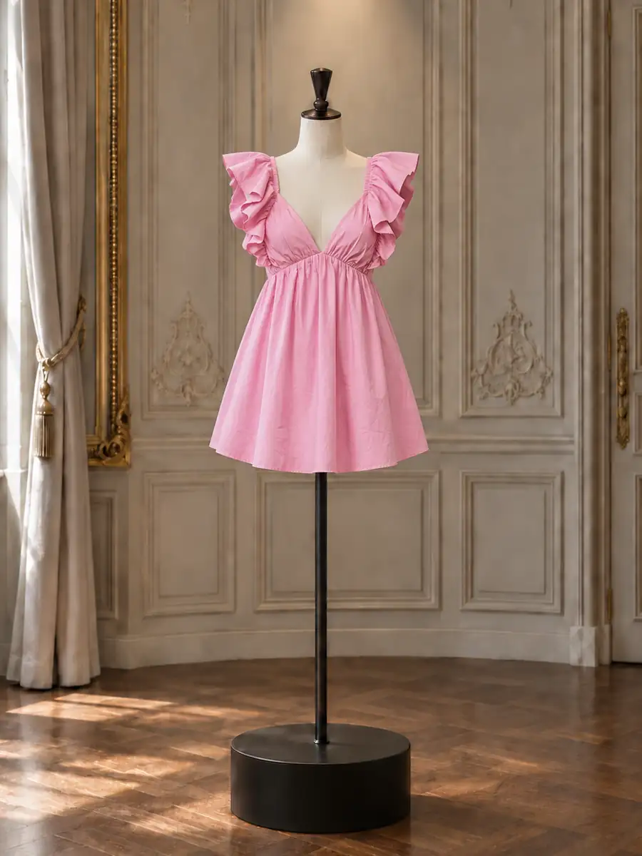 Pink eyelet flutter-sleeve babydoll mini, on a mannequin