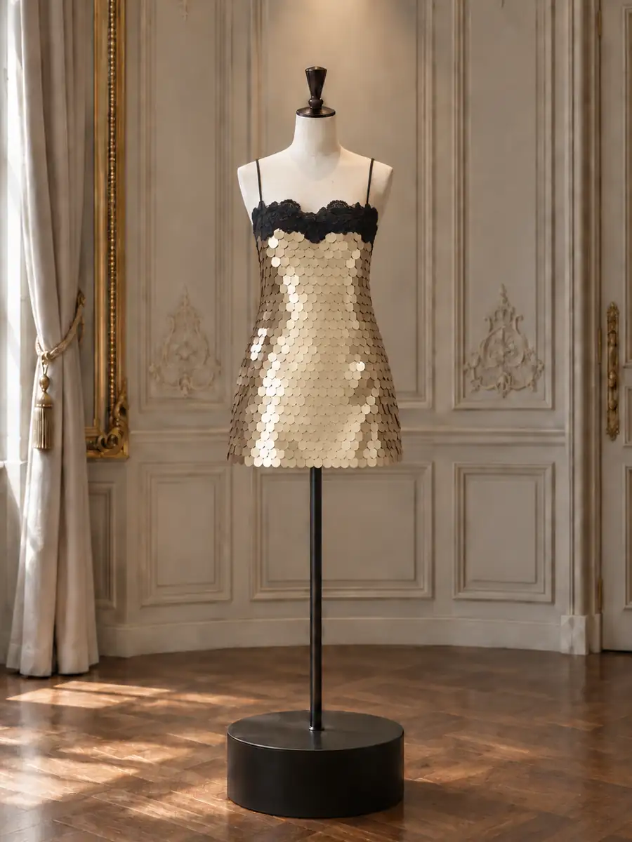 Gold sequin strapless mini with black lace trim, on a mannequin