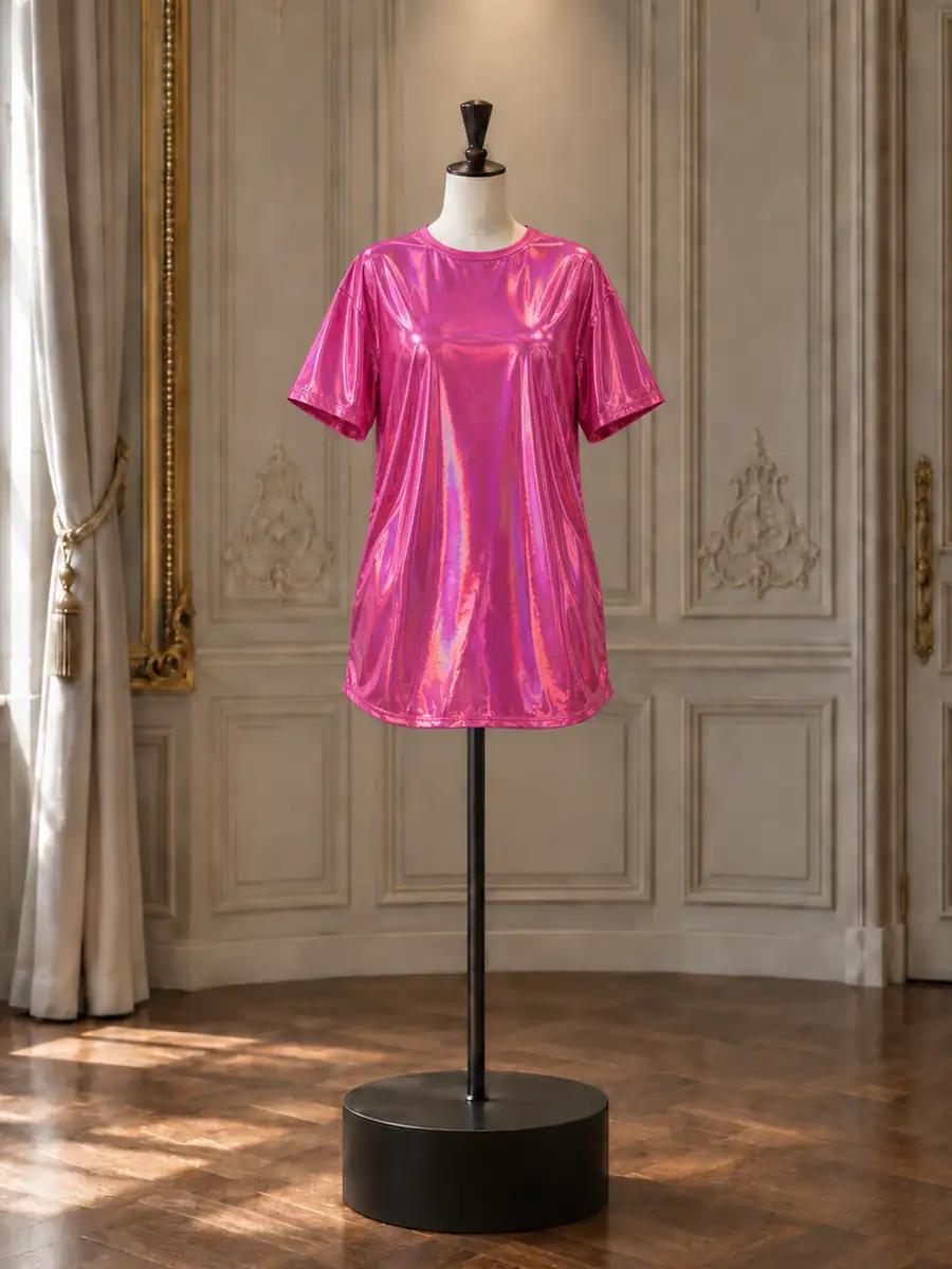 Hot pink metallic short-sleeve mini, on a mannequin