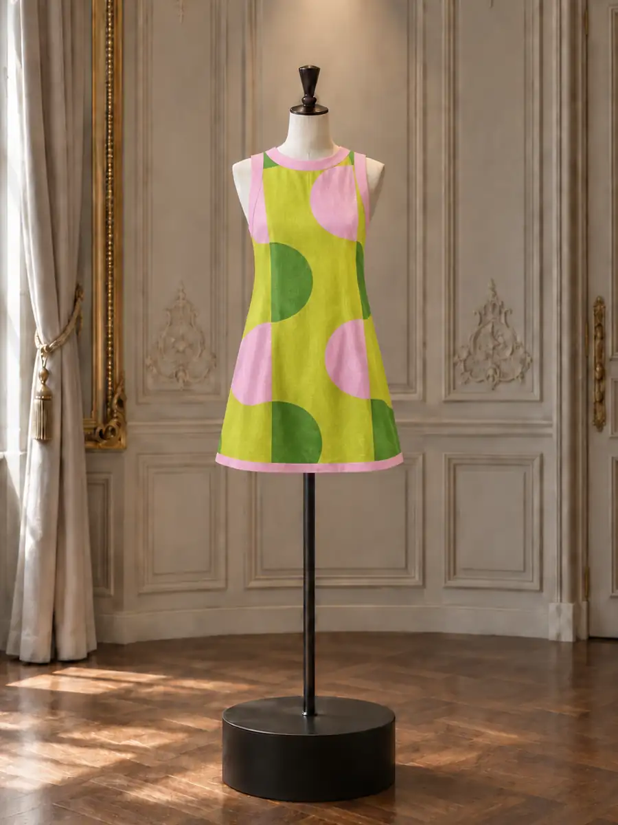Chartreuse shift with oversized pink and green dots, on a mannequin