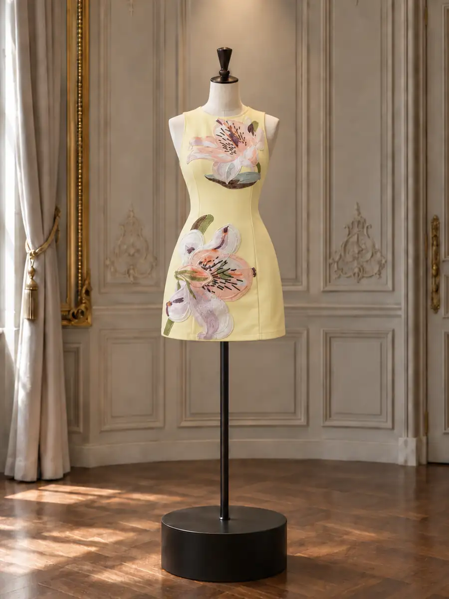 Butter yellow mini with a painted lily print, on a mannequin