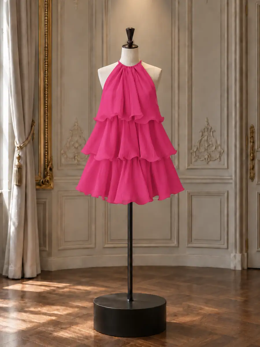 Fuchsia chiffon three-tier halter mini, on a mannequin