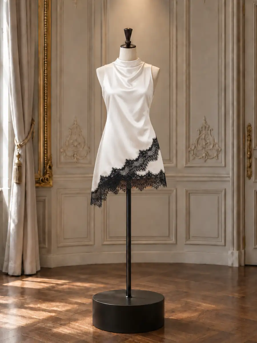 Ivory satin cowl-neck slip with a black lace hem, on a mannequin