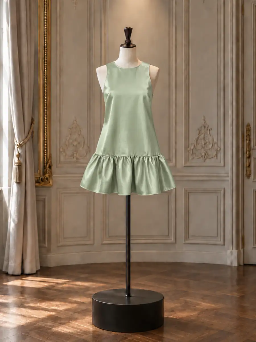 Sage drop-waist mini with a ruffled hem, on a mannequin
