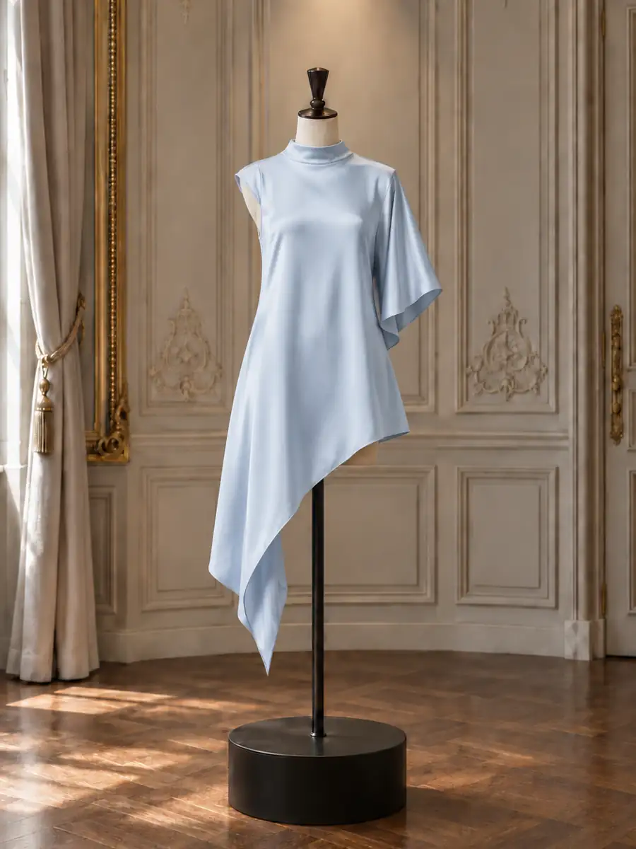 Powder blue satin one-shoulder mini, on a mannequin