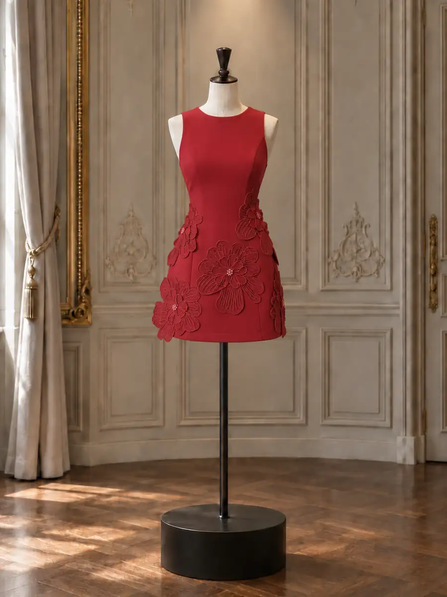 Red sleeveless mini with raised floral appliqué, on a mannequin