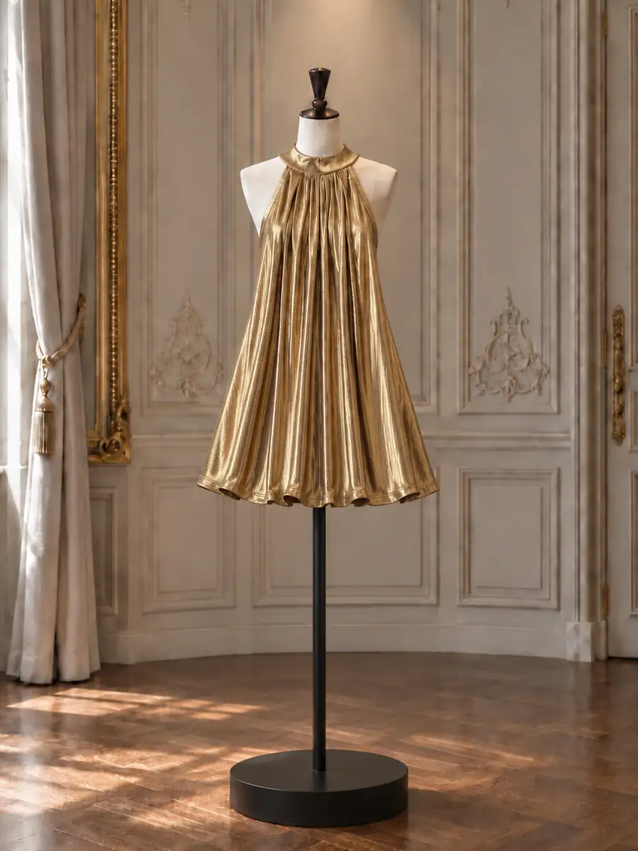 Gold lamé gathered halter swing mini, on a mannequin