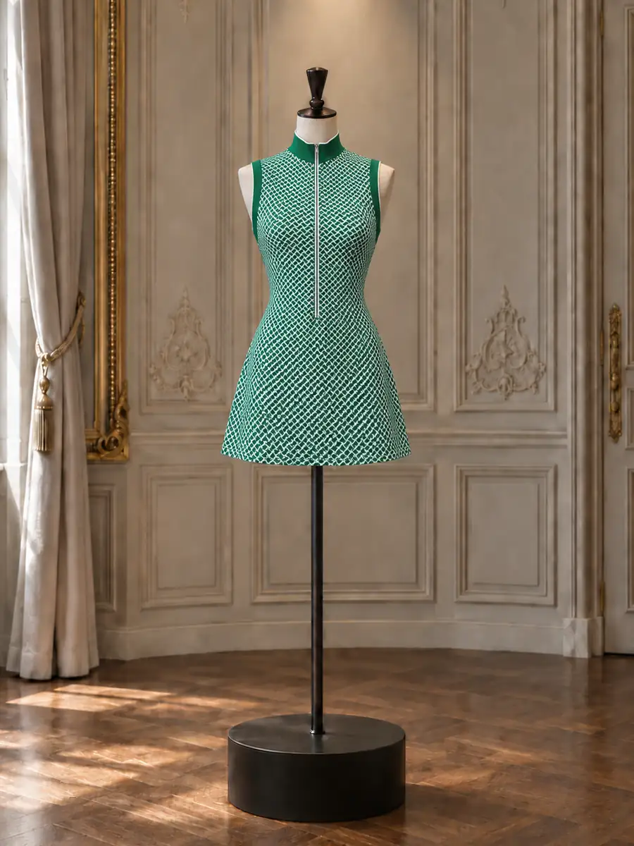 Green geometric knit zip-front mini, on a mannequin