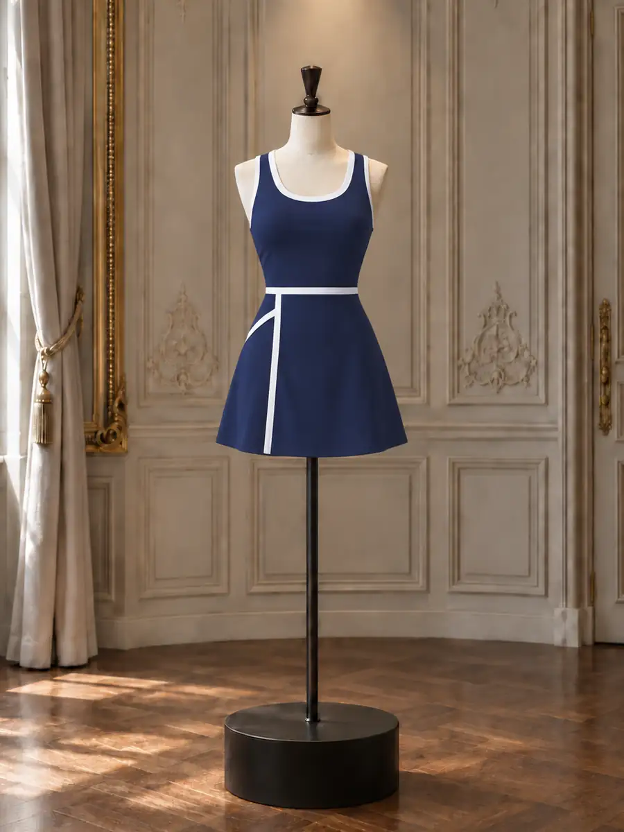 Navy scoop-neck tennis mini with white trim, on a mannequin