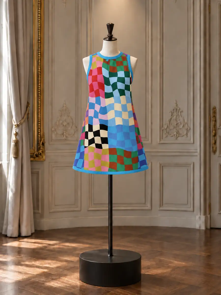 Checkerboard patchwork shift mini, on a mannequin