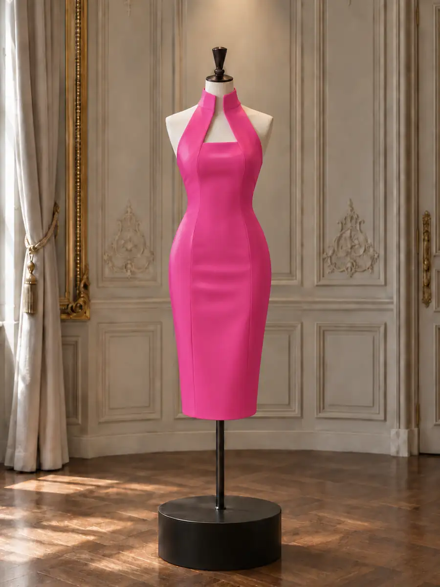 Hot pink cut-out halter bodycon midi, on a mannequin