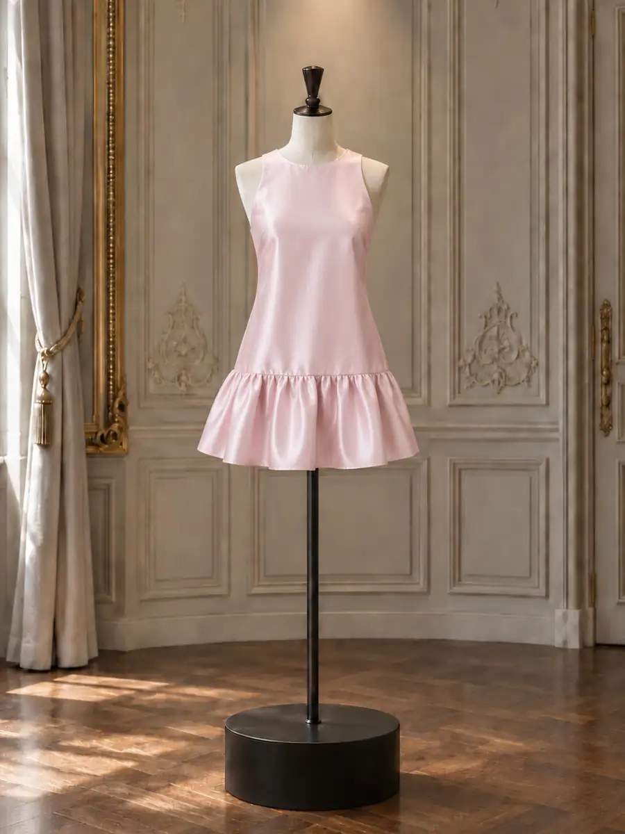 Pale pink satin drop-waist mini with a ruffled hem, on a mannequin