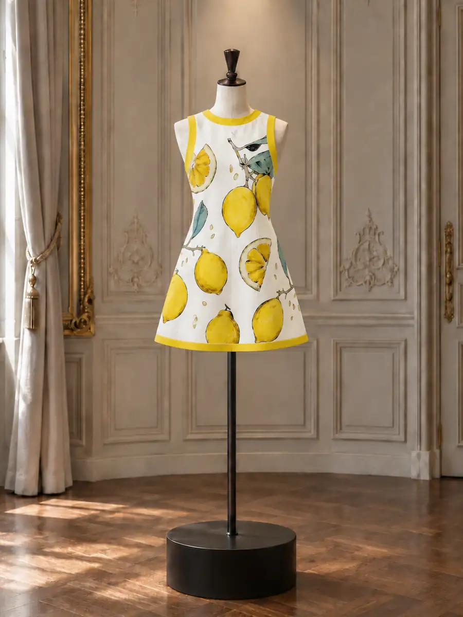 White mini with a lemon print and black trim, on a mannequin
