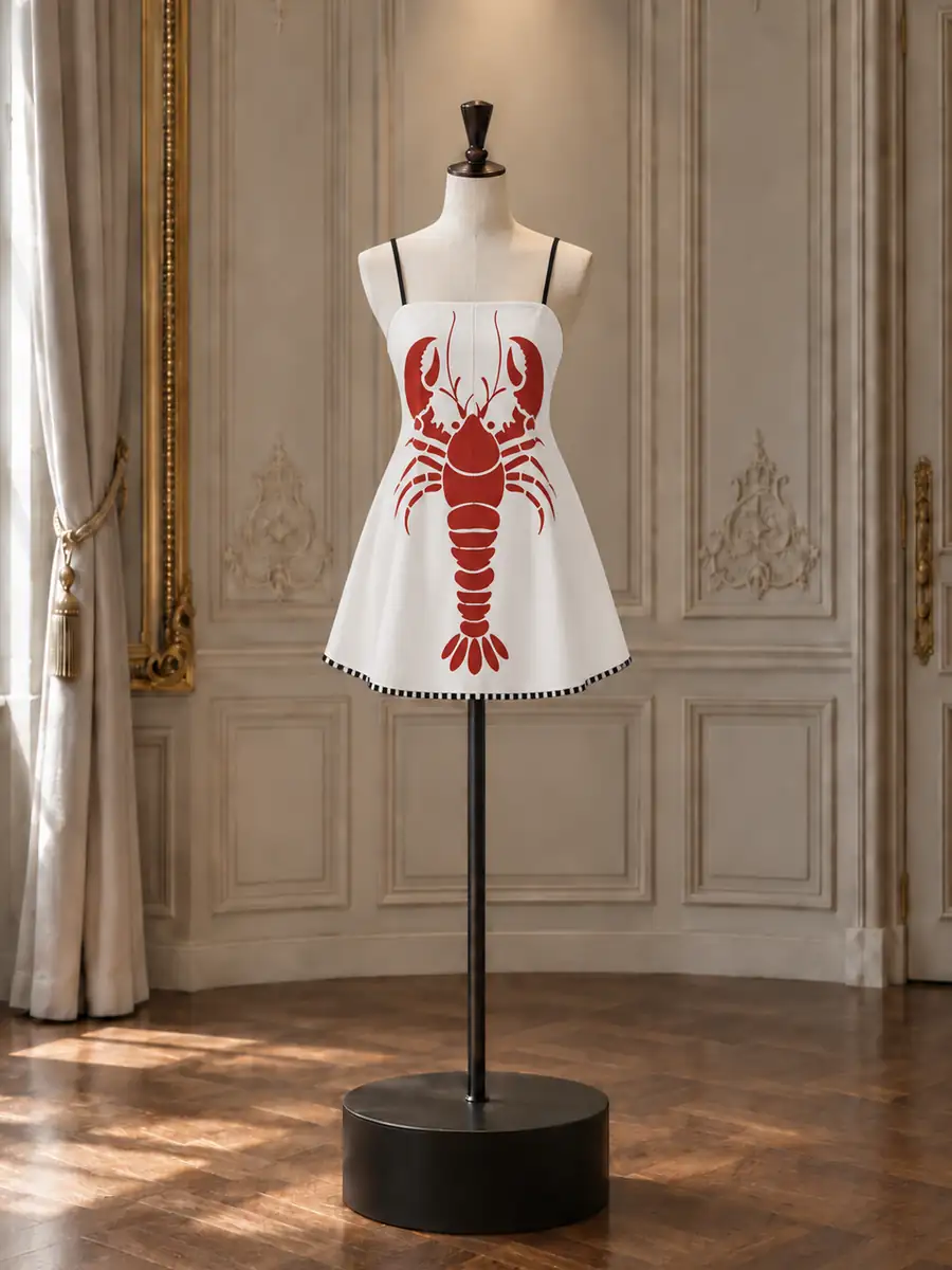 White A-line with a red lobster motif and scalloped hem, on a mannequin