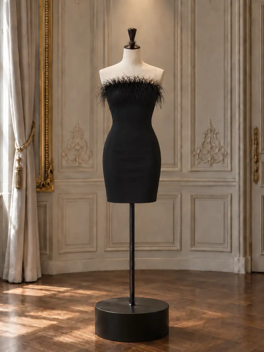 Black mini with a feather-trimmed neckline, on a mannequin