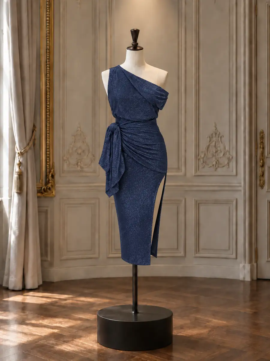 Navy metallic one-shoulder ruched midi with a sash, on a mannequin