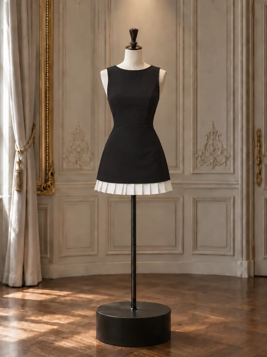 Black sleeveless mini with a pleated white hem, on a mannequin