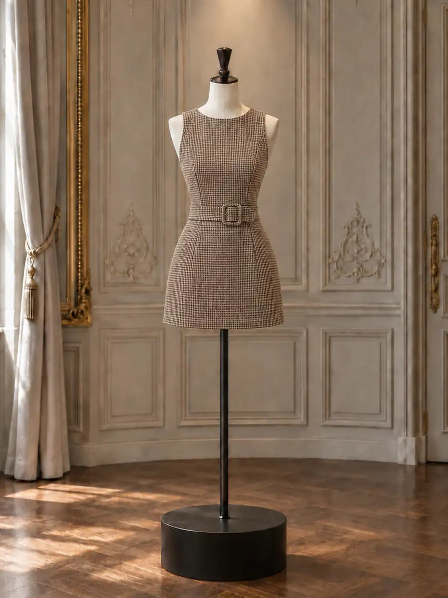 Taupe tweed sleeveless mini with a belt, on a mannequin