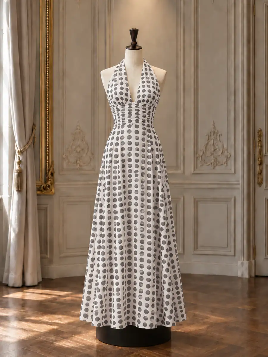 Black and white geometric print halter maxi, on a mannequin