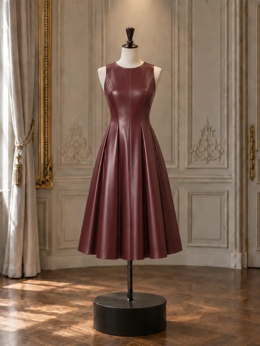 Oxblood leather fit-and-flare midi, on a mannequin