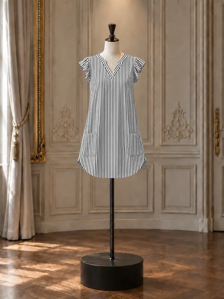Grey and white striped flutter-sleeve mini, on a mannequin