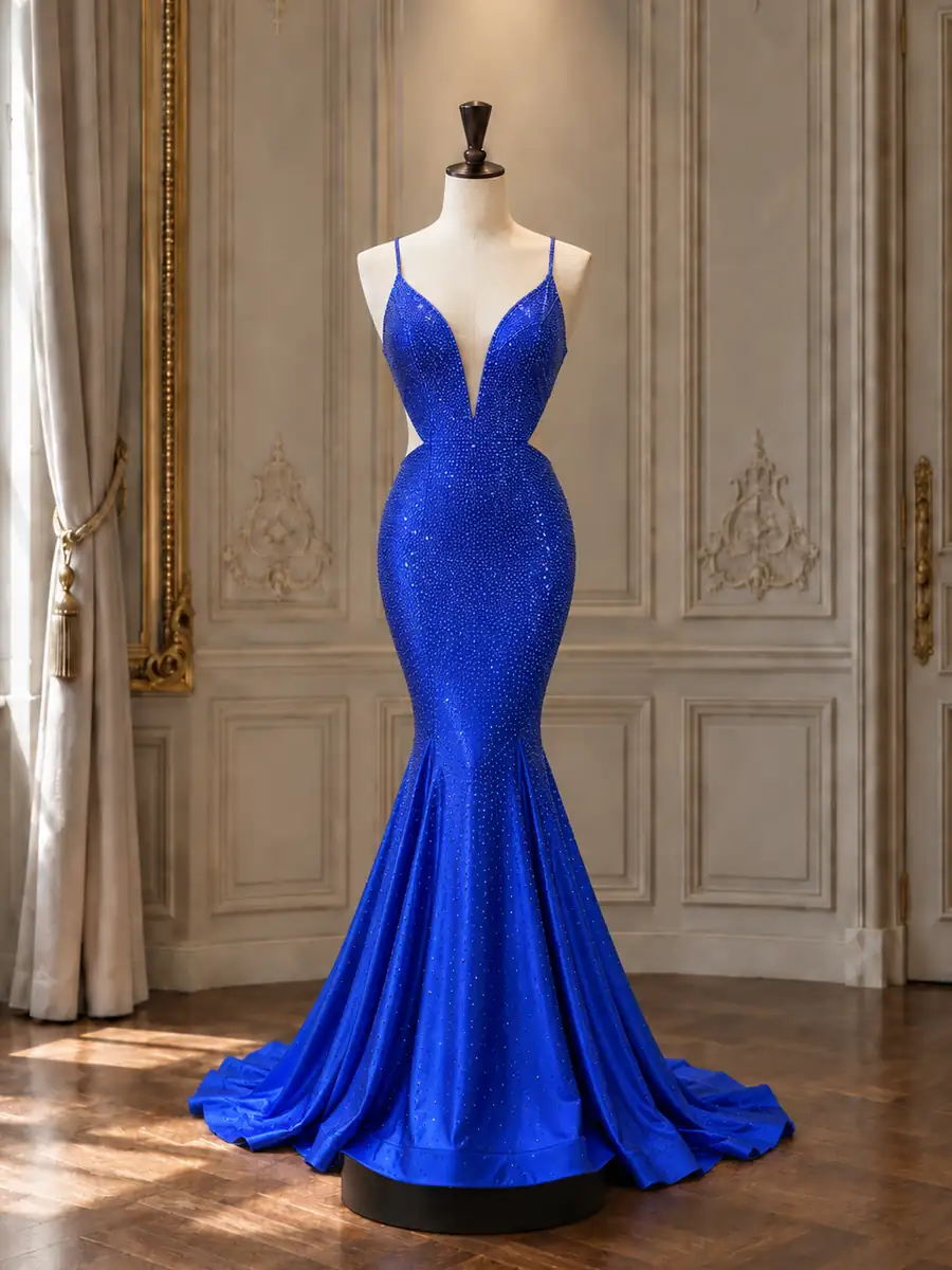 Royal blue lace plunge mermaid gown, on a mannequin