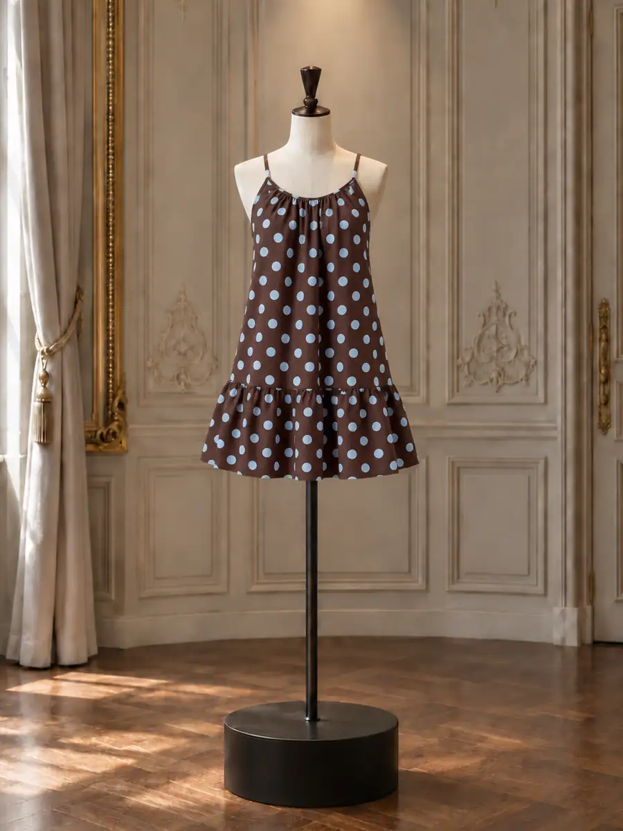 Black and cream polka dot halter mini, on a mannequin