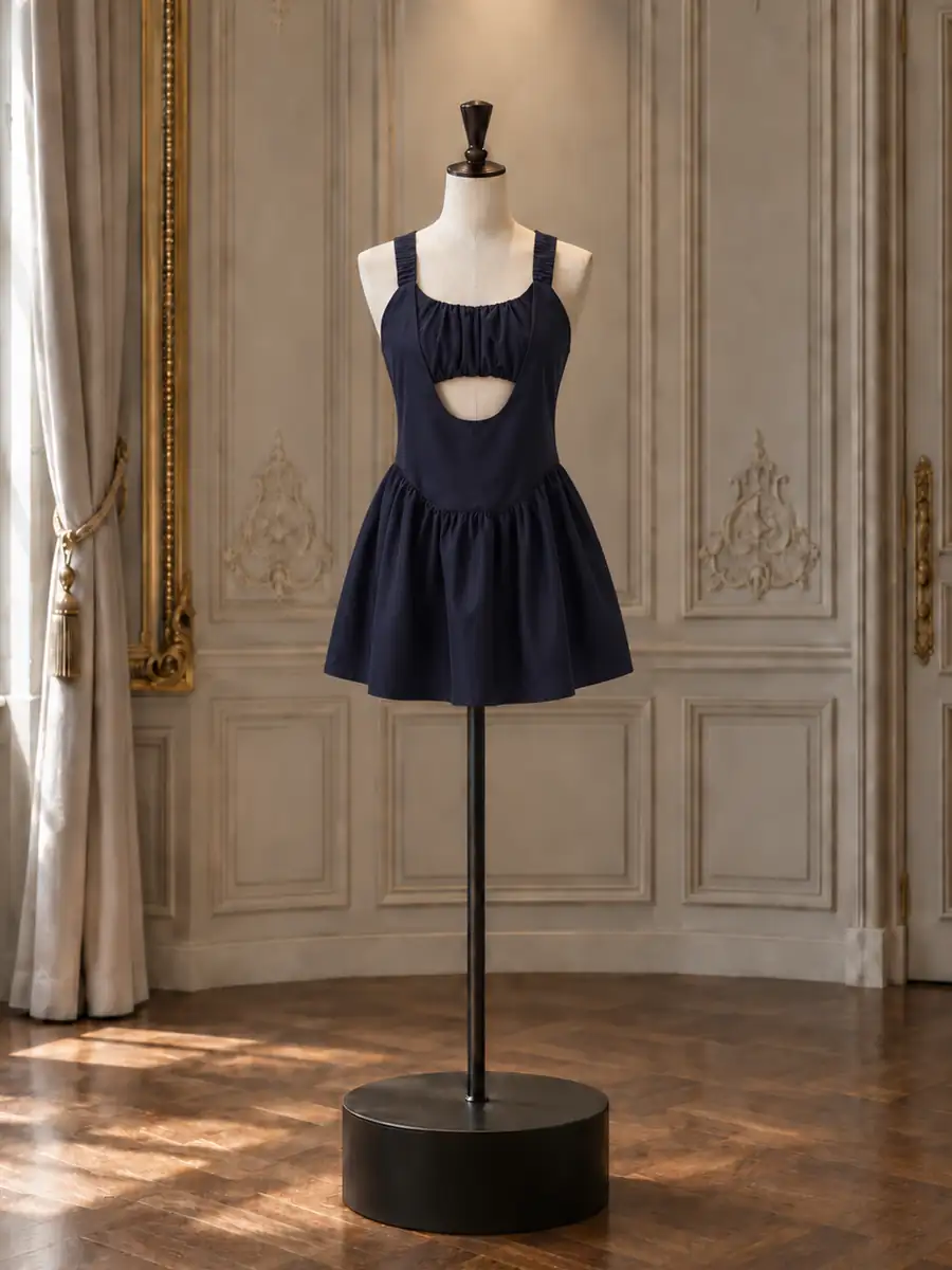 Navy square-neck cut-out mini, on a mannequin